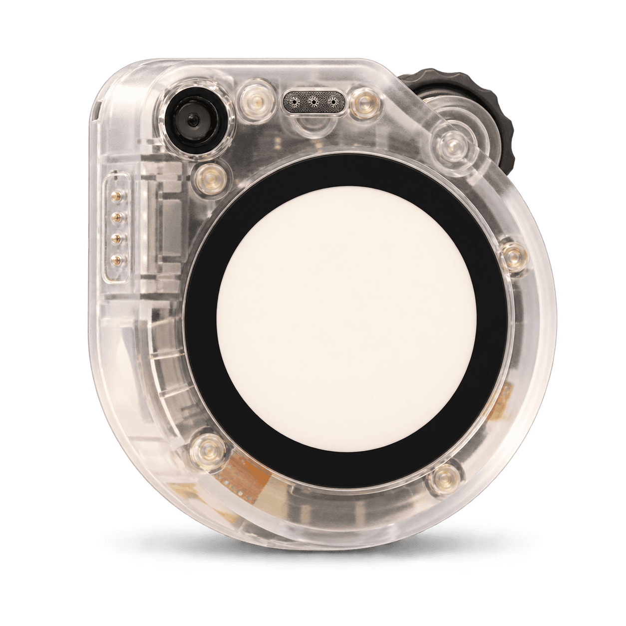 SenseCAP Watcher with its circular display, translucent enclosure, camera and wheel